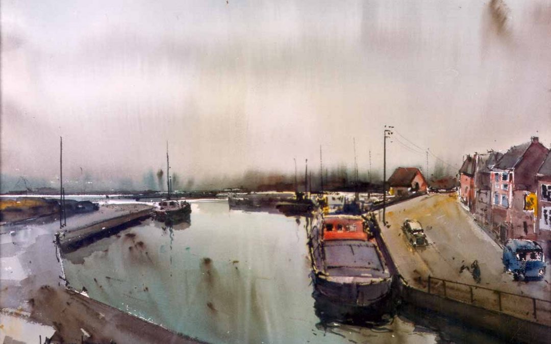 Paisatge gris amb barques